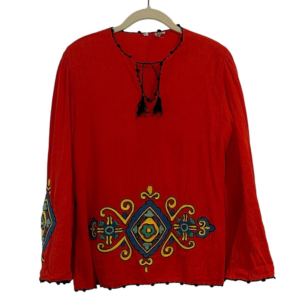 Boho embroidered red cotton rayon gauze long sleeve top made in Philippines